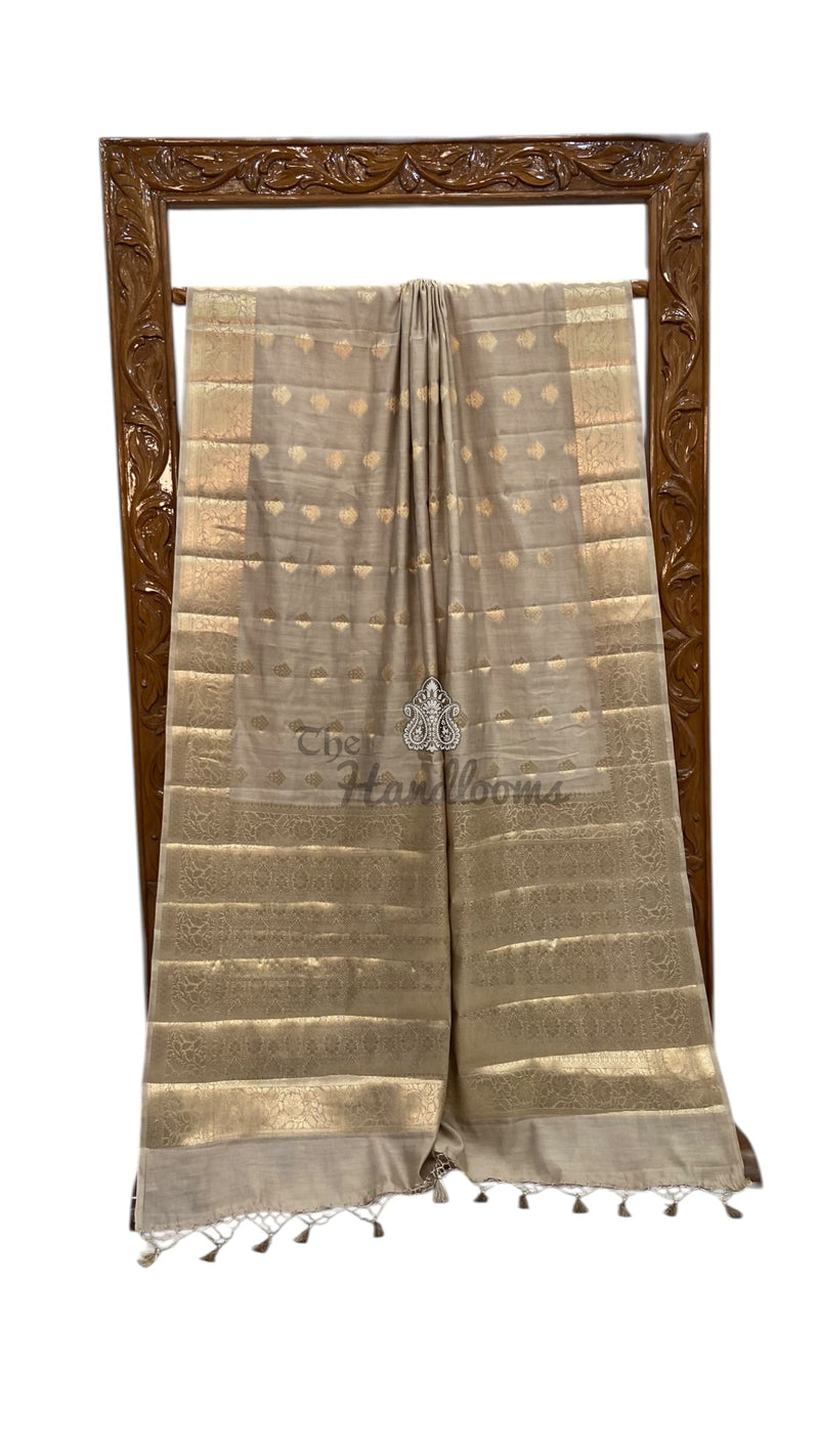Beige Pure Dupion Silk Banarasi Saree - Gold Zari - The Handlooms