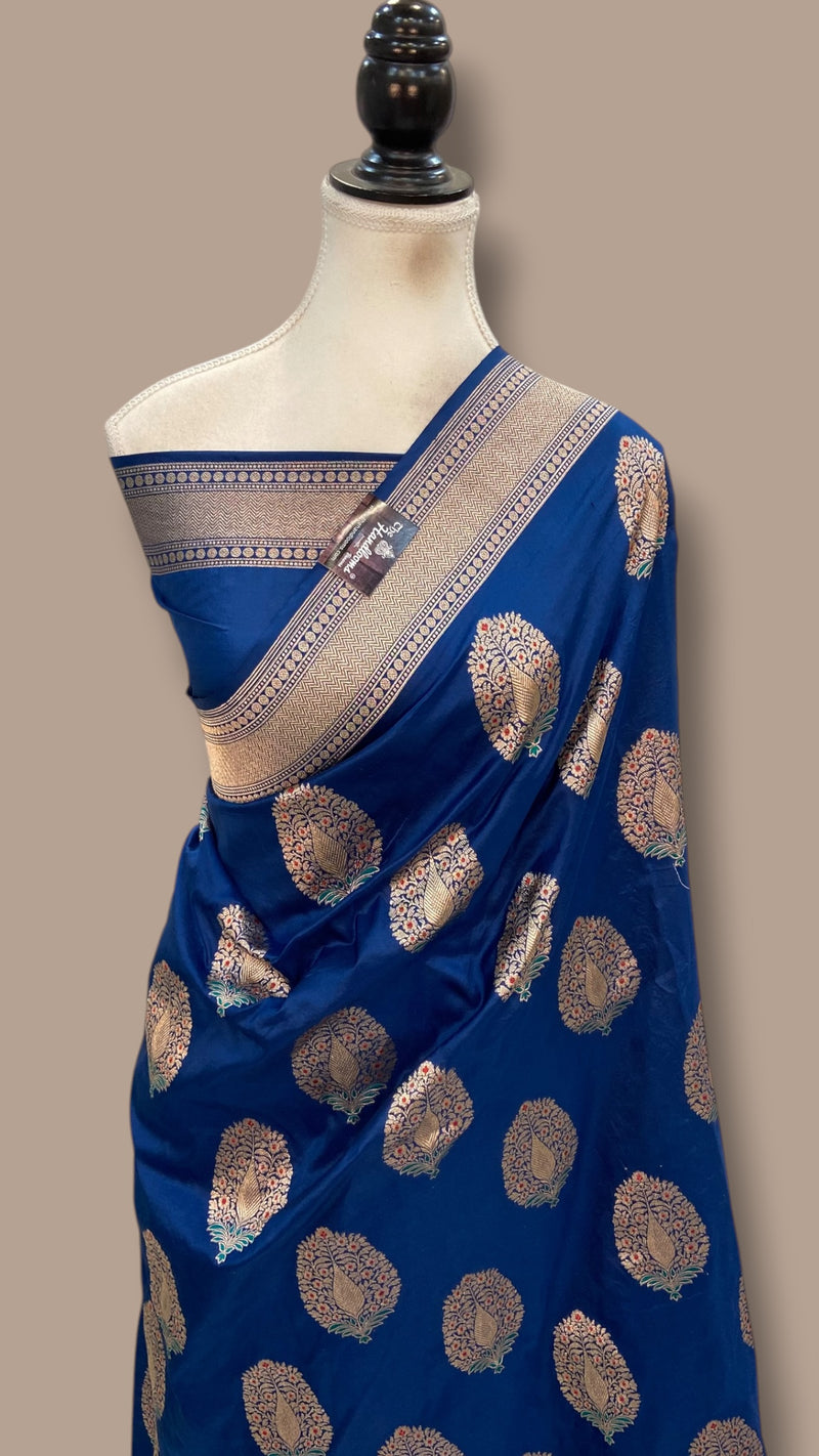 German Blue Nita Ambani Pure Katan Silk Banarasi Handloom Saree - All Over Boota Work With Meenakari - The Handlooms