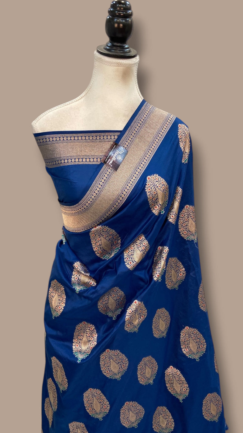 German Blue Nita Ambani Pure Katan Silk Banarasi Handloom Saree - All Over Boota Work With Meenakari - The Handlooms