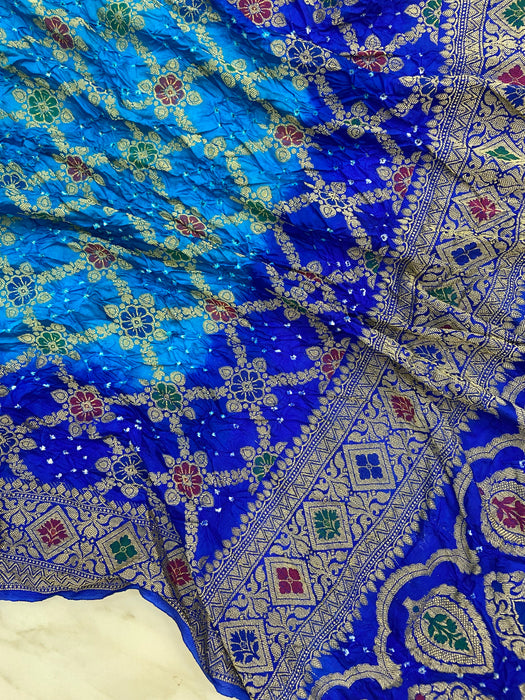 Pure Dupion Silk Bandhej Banarasi Saree - Meenakari