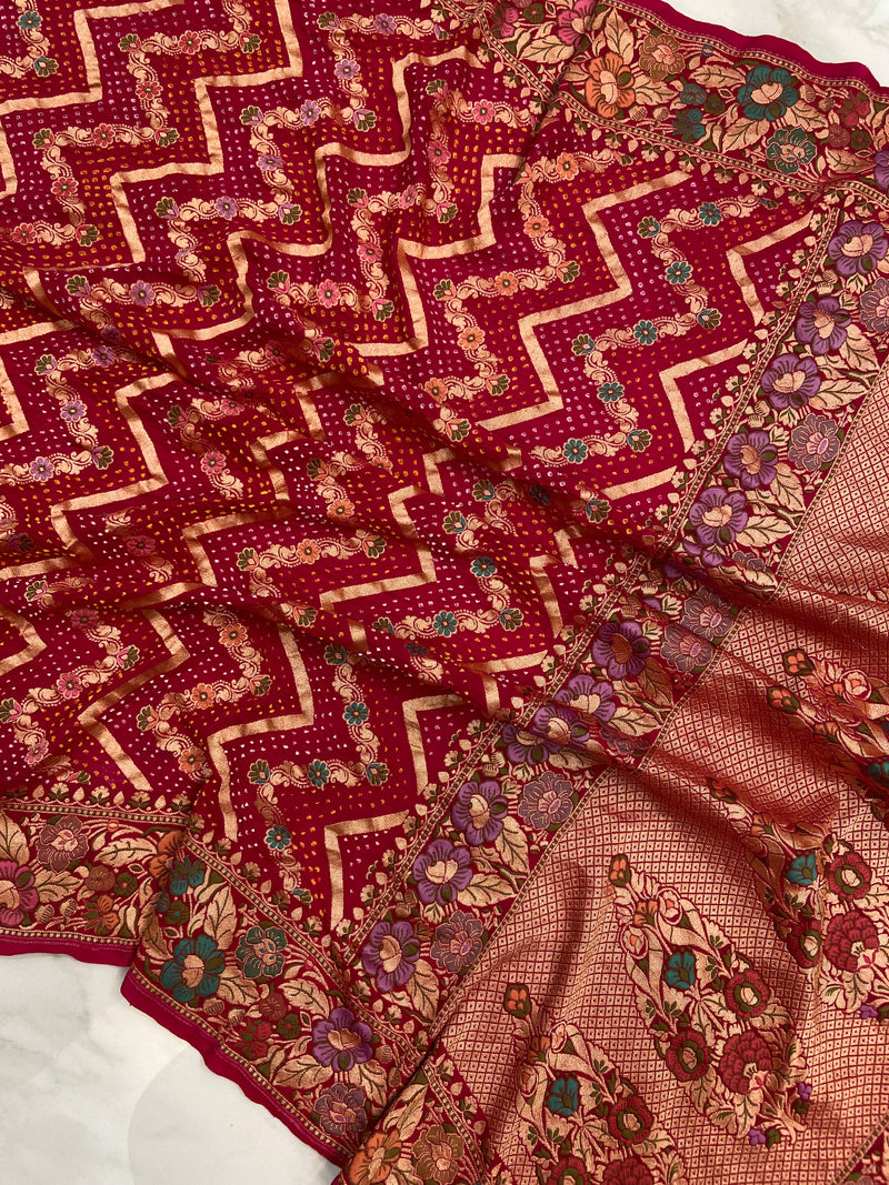 Pure Georgette Banarasi Bandhej Handloom Saree - with meenakari work - The Handlooms