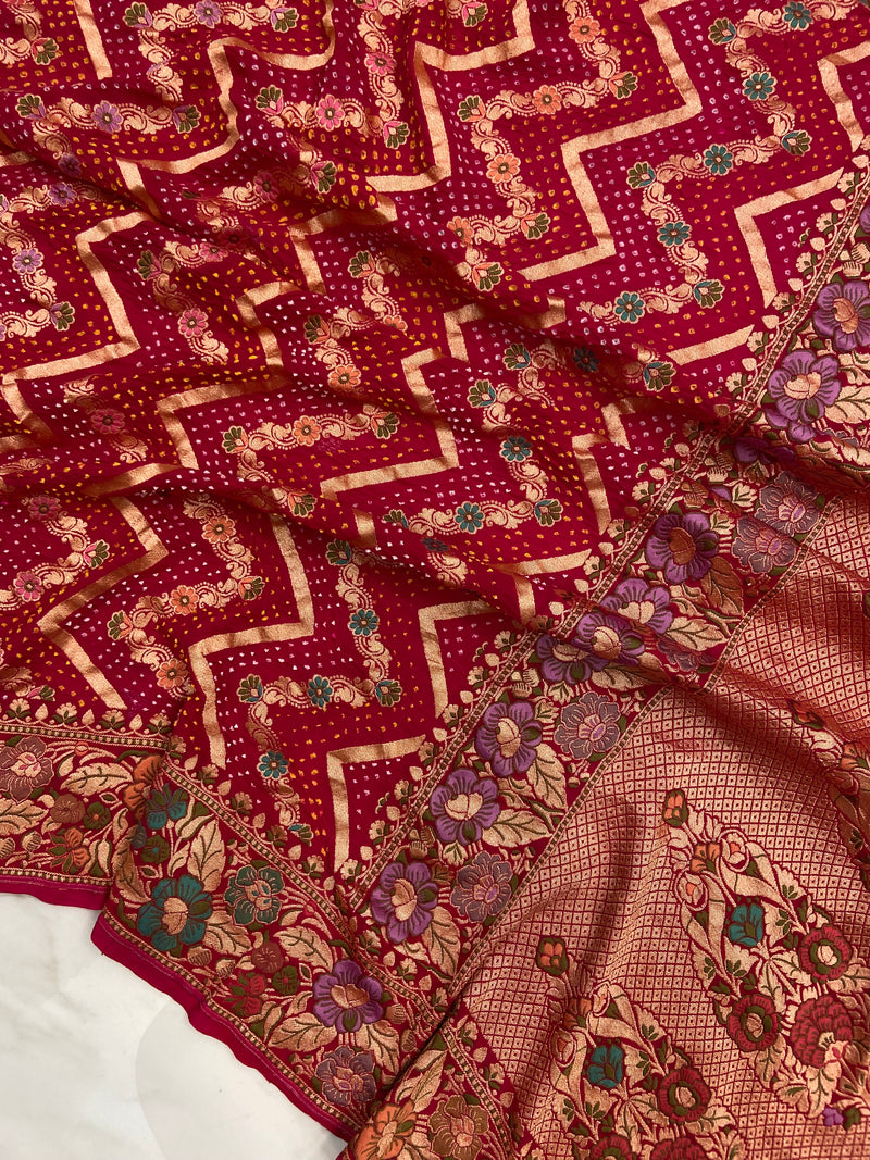 Pure Georgette Banarasi Bandhej Handloom Saree - with meenakari work - The Handlooms