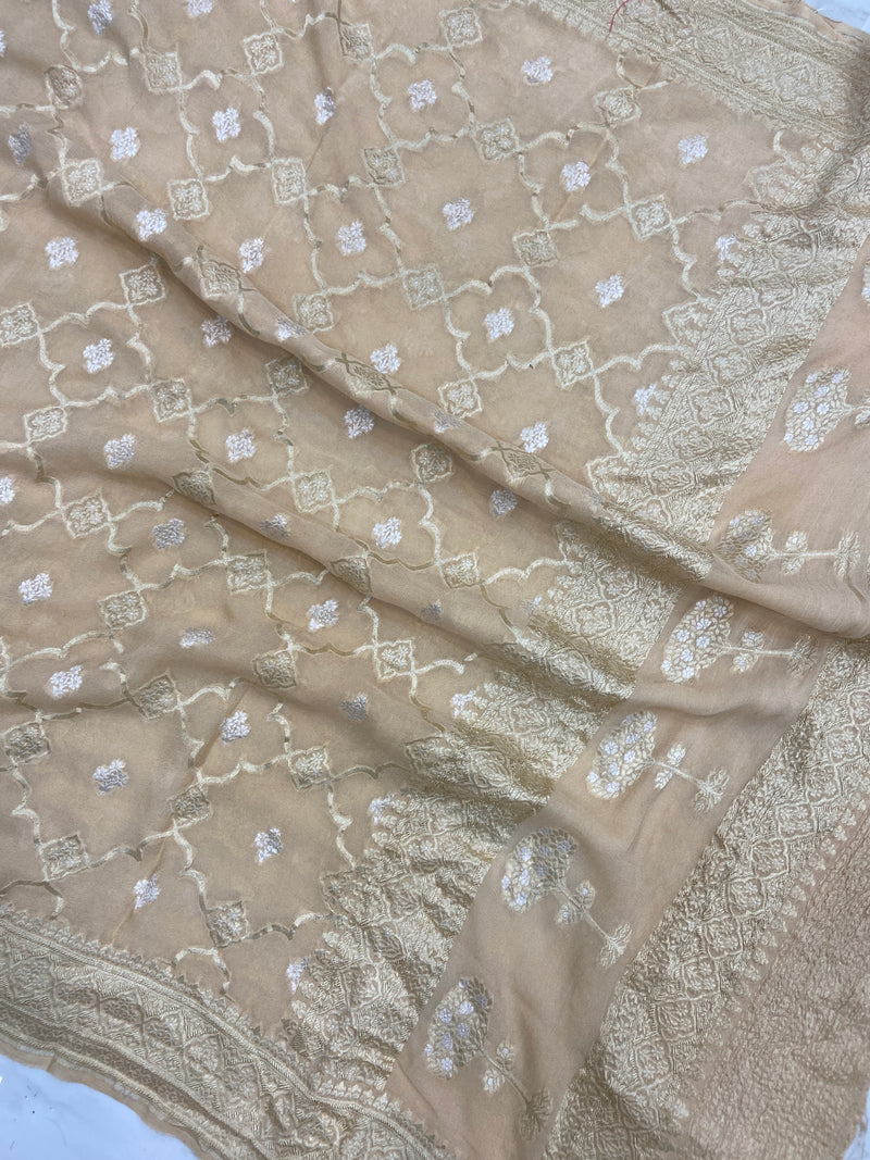 Pure Khaddi Georgette Dupatta - Gold Zari - The Handlooms