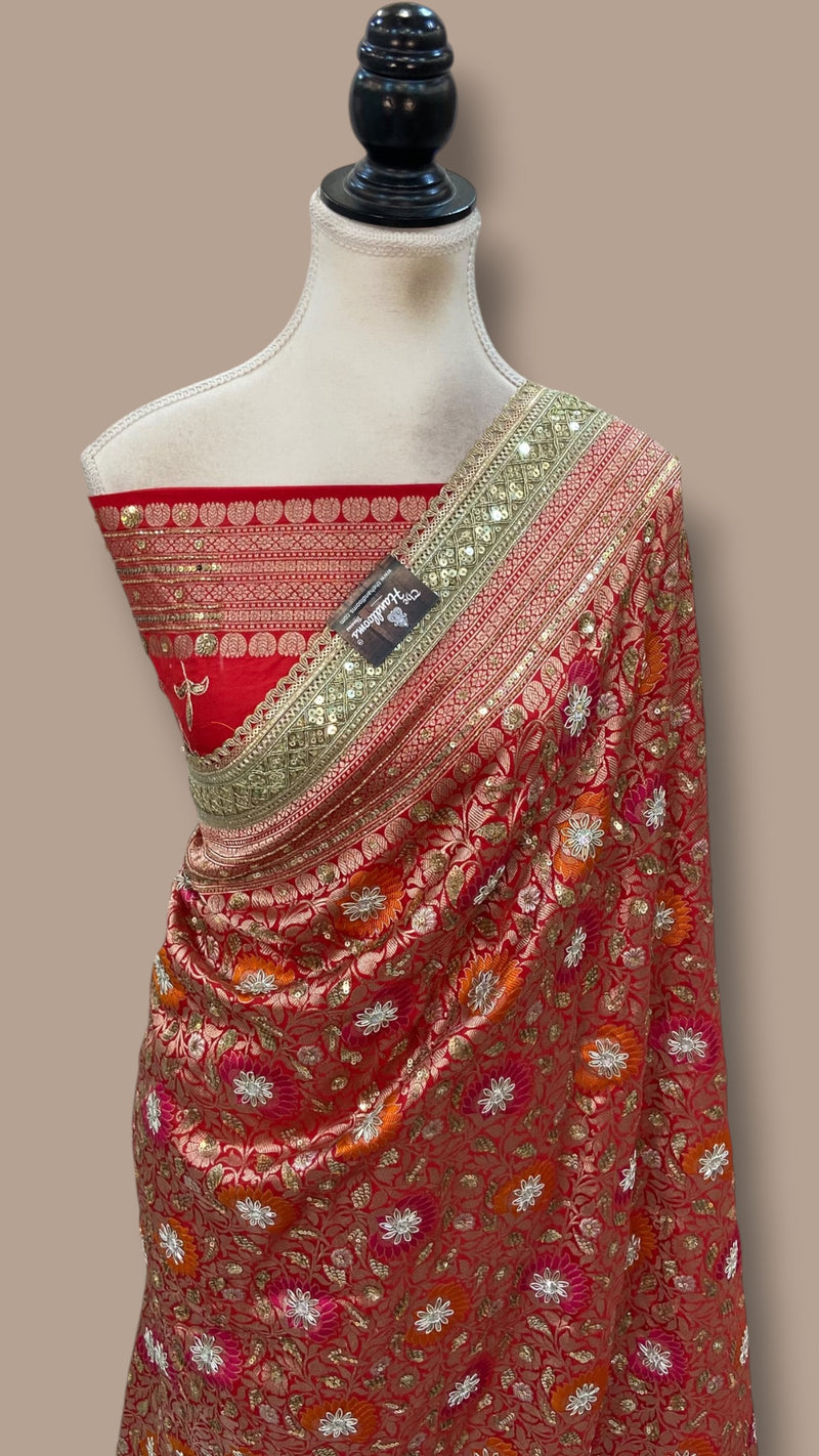 Red Pure Katan Silk Banarasi Handloom Saree - Tanchui Brocade With Zardosi Handwork