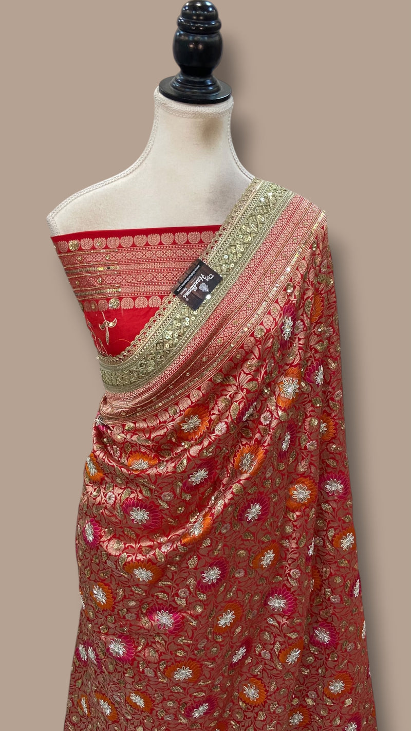 Red Pure Katan Silk Banarasi Handloom Saree - Tanchui Brocade With Zardosi Handwork