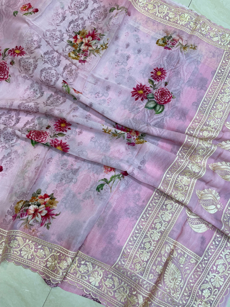 Pure Georgette  Digital Print with Chikankari Handloom Banarasi Saree - The Handlooms