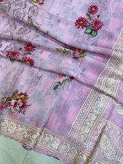 Pure Georgette  Digital Print with Chikankari Handloom Banarasi Saree - The Handlooms