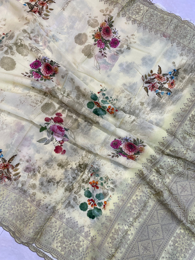 Pure Georgette  Digital Print with Chikankari Handloom Banarasi Saree - The Handlooms