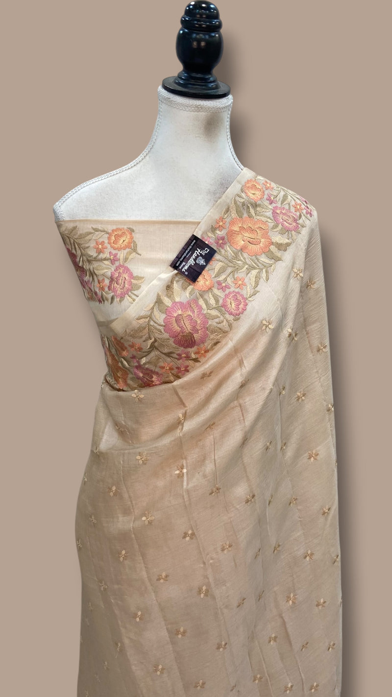 Tussar Silk Handloom Banarasi Saree With Chikankari