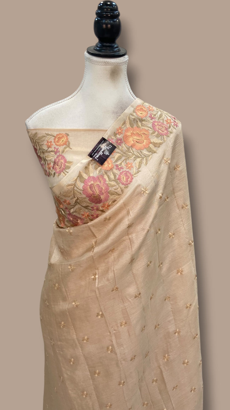 Tussar Silk Handloom Banarasi Saree With Chikankari