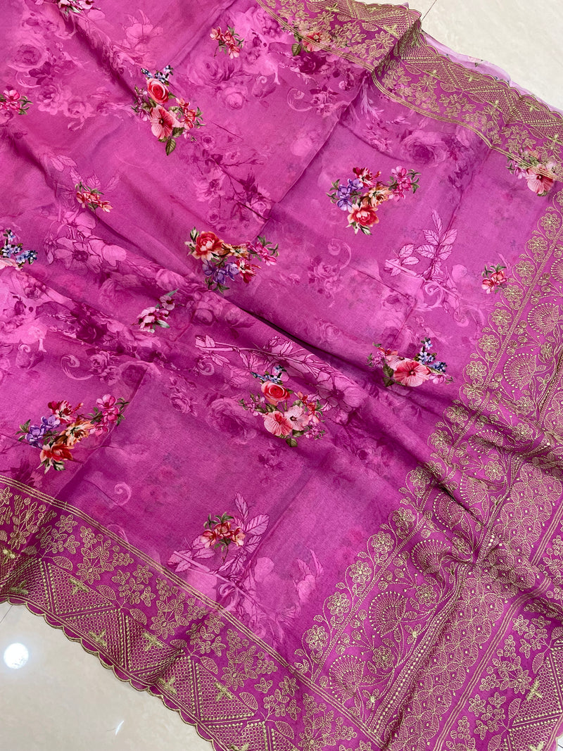 Pure Georgette  Digital Print with Chikankari Handloom Banarasi Saree - The Handlooms