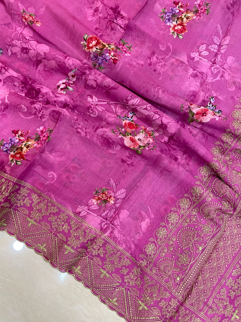 Pure Georgette  Digital Print with Chikankari Handloom Banarasi Saree - The Handlooms