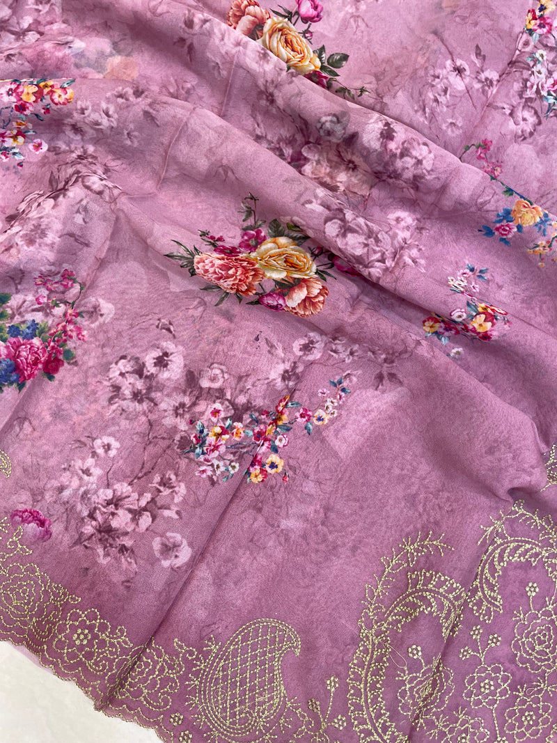 Pure Georgette  Digital Print with Chikankari Handloom Banarasi Saree - The Handlooms