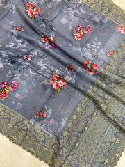 Pure Georgette  Digital Print with Chikankari Handloom Banarasi Saree - The Handlooms