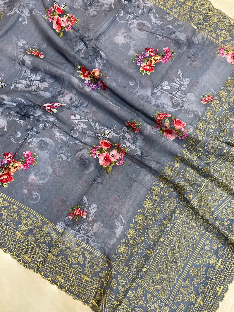 Pure Georgette  Digital Print with Chikankari Handloom Banarasi Saree - The Handlooms