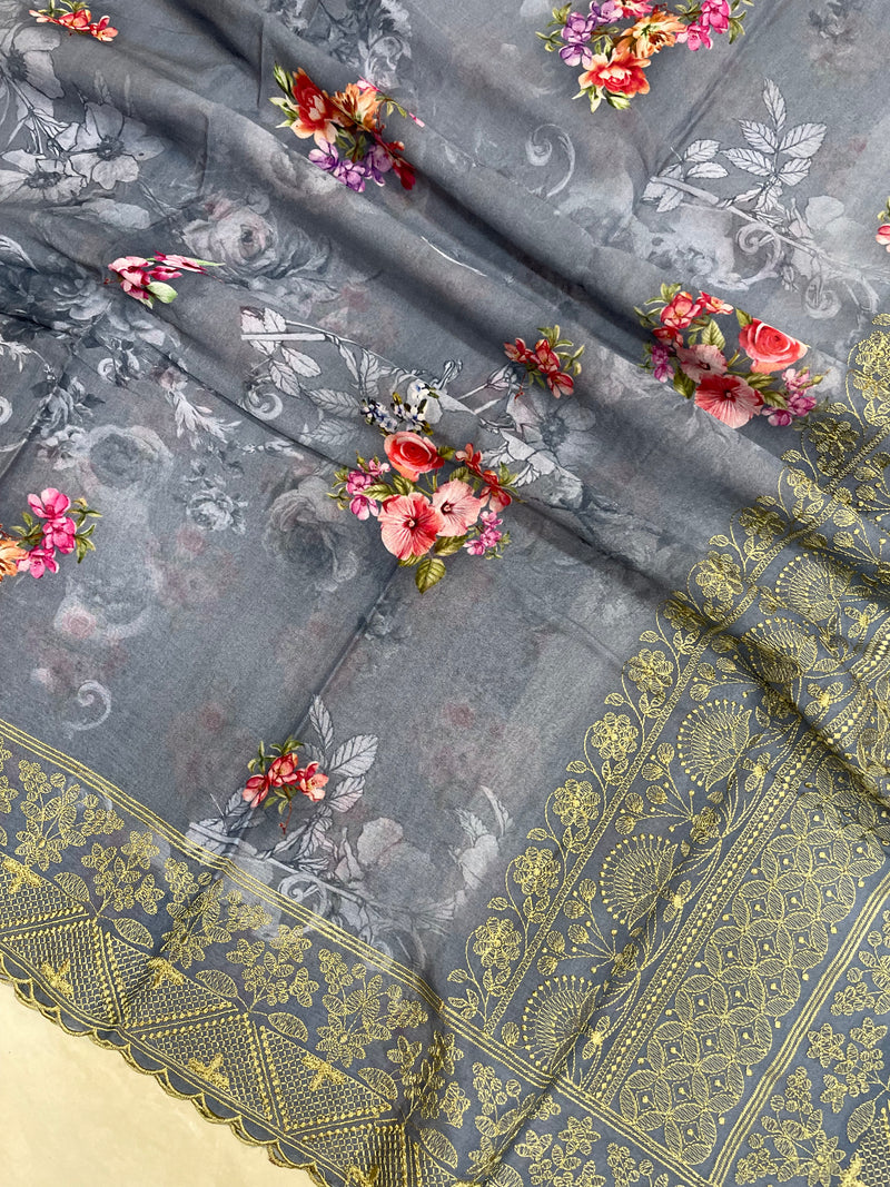 Pure Georgette  Digital Print with Chikankari Handloom Banarasi Saree - The Handlooms