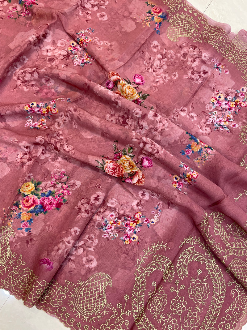 Pure Georgette  Digital Print with Chikankari Handloom Banarasi Saree - The Handlooms