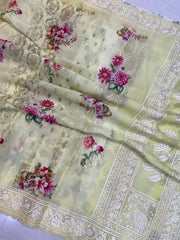 Pure Georgette  Digital Print with Chikankari Handloom Banarasi Saree - The Handlooms