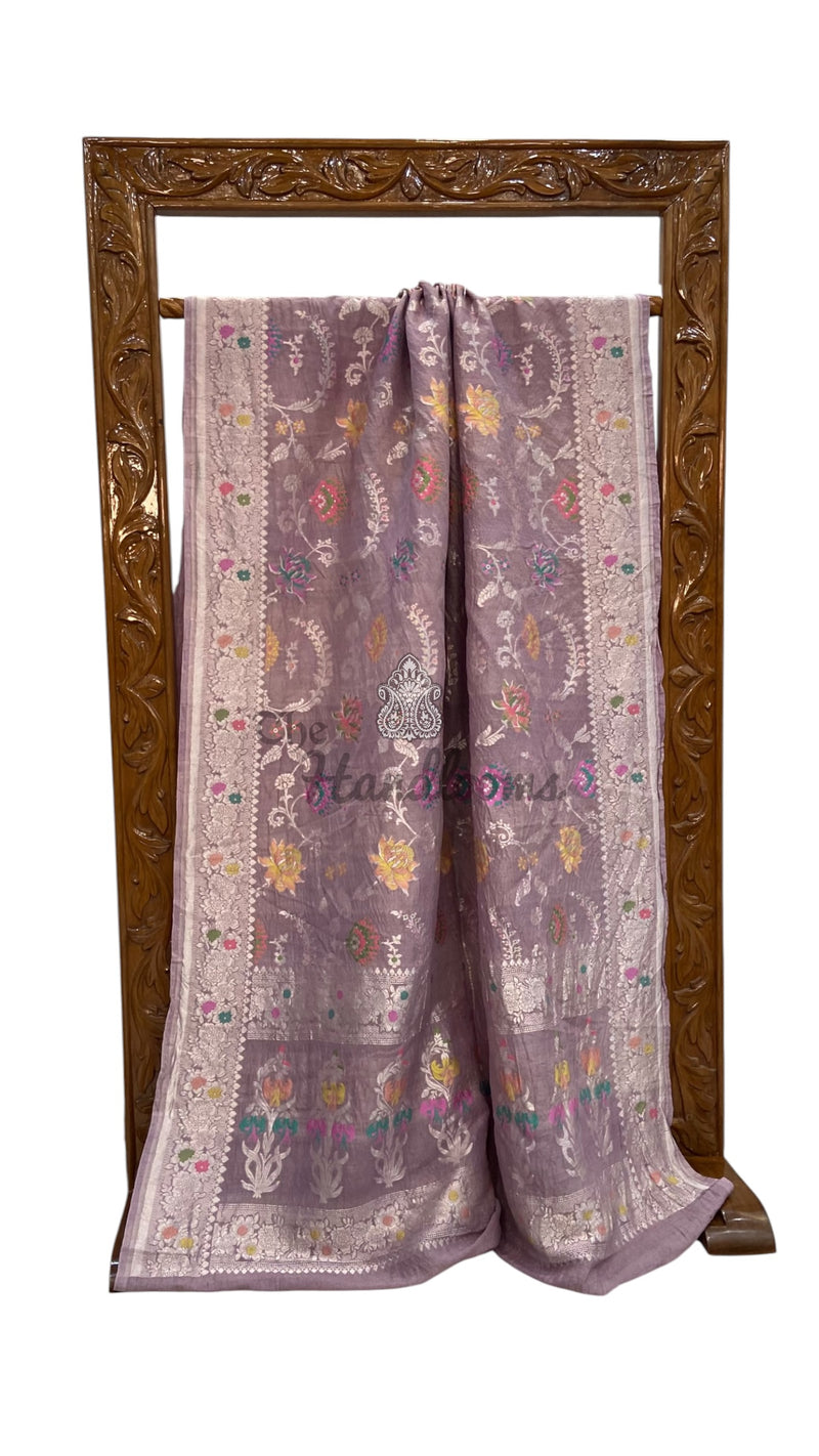 Pure Tussar Georgette Handloom Banarasi Saree With Meenakari - The Handlooms