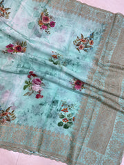 Pure Georgette  Digital Print with Chikankari Handloom Banarasi Saree - The Handlooms