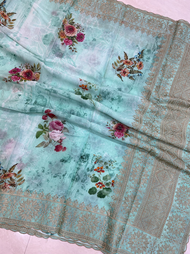 Pure Georgette  Digital Print with Chikankari Handloom Banarasi Saree - The Handlooms