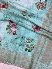 Pure Georgette  Digital Print with Chikankari Handloom Banarasi Saree - The Handlooms
