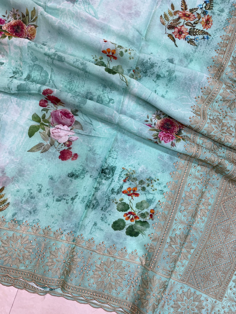 Pure Georgette  Digital Print with Chikankari Handloom Banarasi Saree - The Handlooms