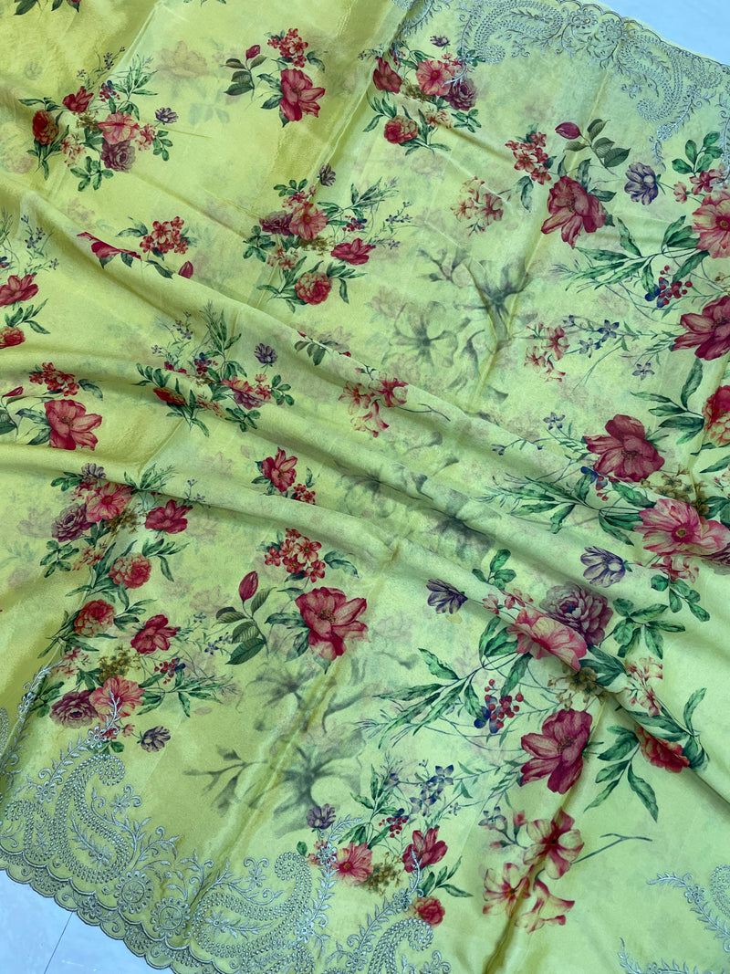 Pure Georgette  Digital Print with Chikankari Handloom Banarasi Saree - The Handlooms