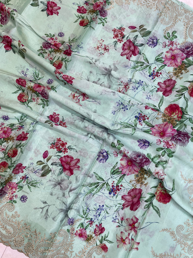 Pure Georgette  Digital Print with Chikankari Handloom Banarasi Saree - The Handlooms