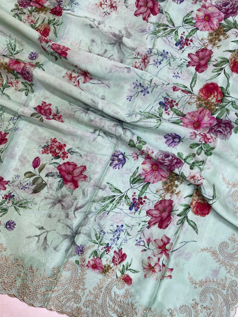 Pure Georgette  Digital Print with Chikankari Handloom Banarasi Saree - The Handlooms