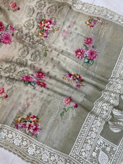 Pure Georgette  Digital Print with Chikankari Handloom Banarasi Saree - The Handlooms