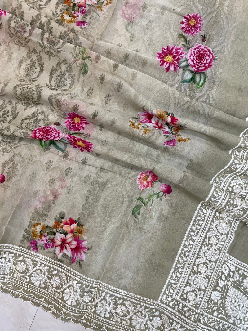 Pure Georgette  Digital Print with Chikankari Handloom Banarasi Saree - The Handlooms