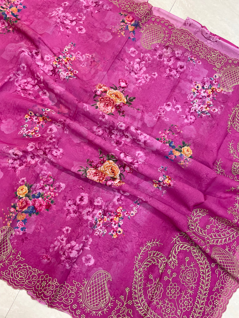 Pure Georgette  Digital Print with Chikankari Handloom Banarasi Saree - The Handlooms