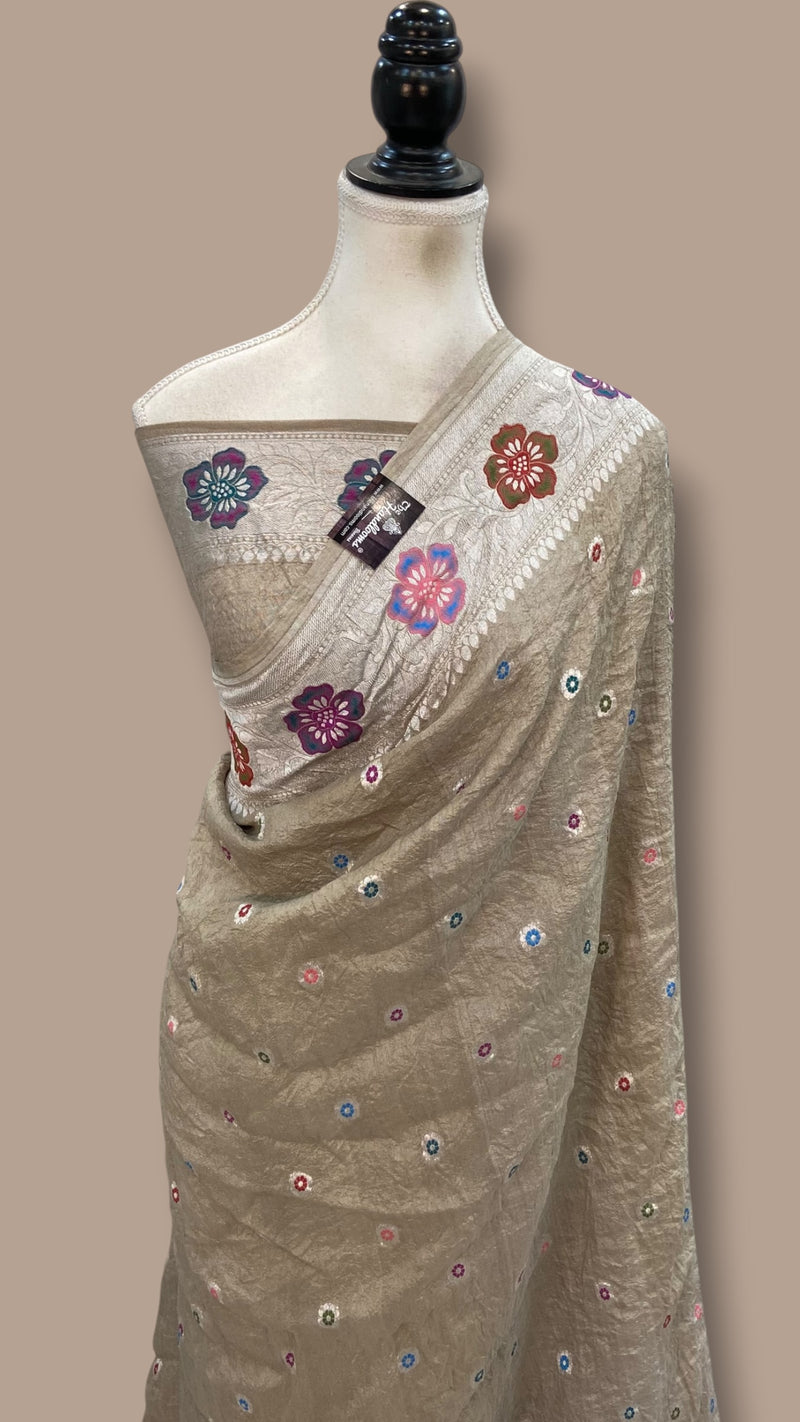 Pure Tussar Georgette Handloom Banarasi Saree With Meenakari - The Handlooms