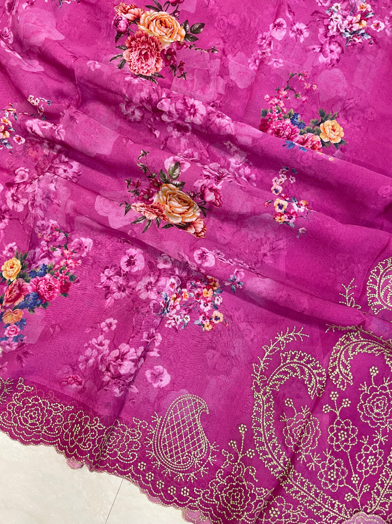 Pure Georgette  Digital Print with Chikankari Handloom Banarasi Saree - The Handlooms