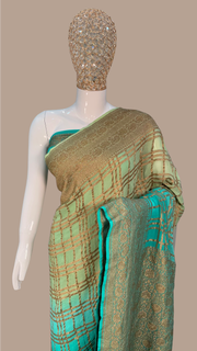 Turquoise and Pista Pure Khaddi Georgette Handloom Banarasi Saree - The Handlooms