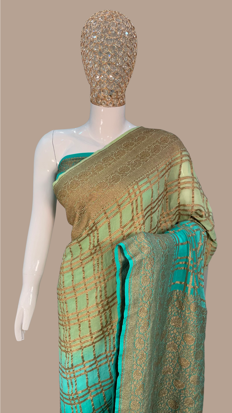 Turquoise and Pista Pure Khaddi Georgette Handloom Banarasi Saree - The Handlooms