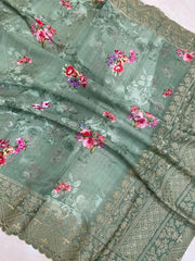 Pure Georgette  Digital Print with Chikankari Handloom Banarasi Saree - The Handlooms