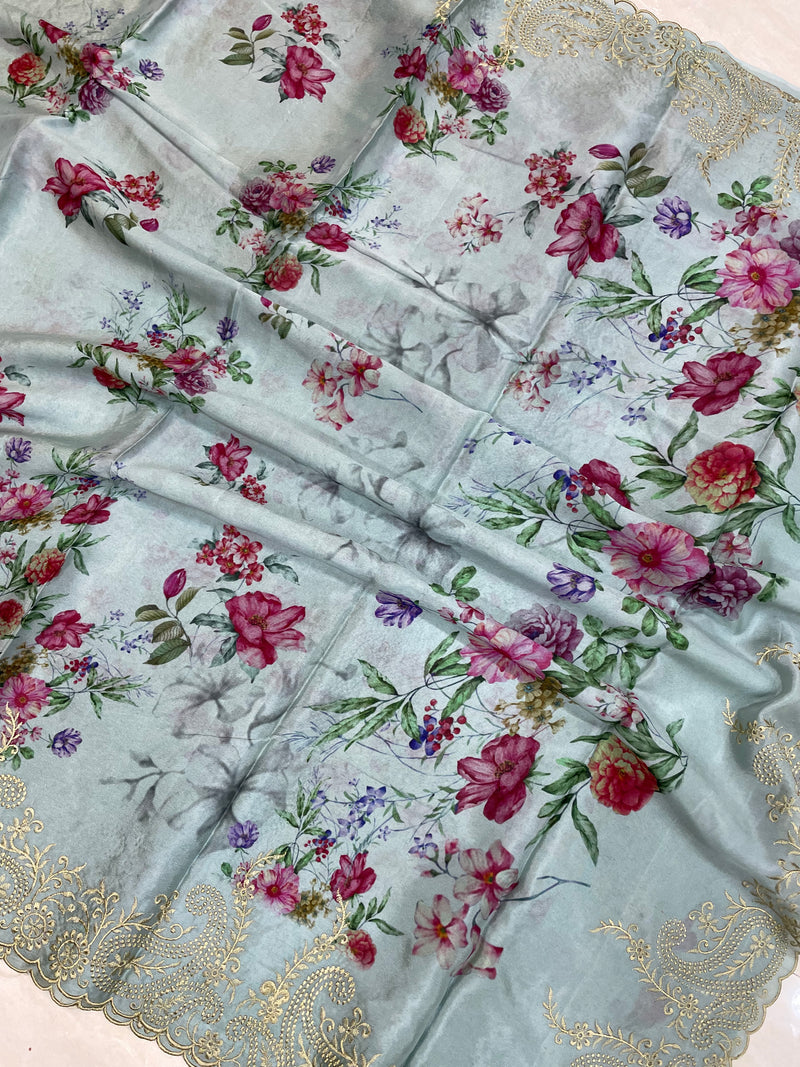 Pure Georgette  Digital Print with Chikankari Handloom Banarasi Saree - The Handlooms