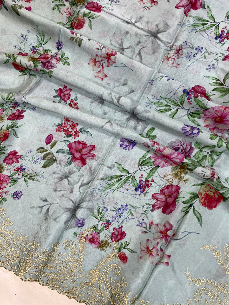 Pure Georgette  Digital Print with Chikankari Handloom Banarasi Saree - The Handlooms