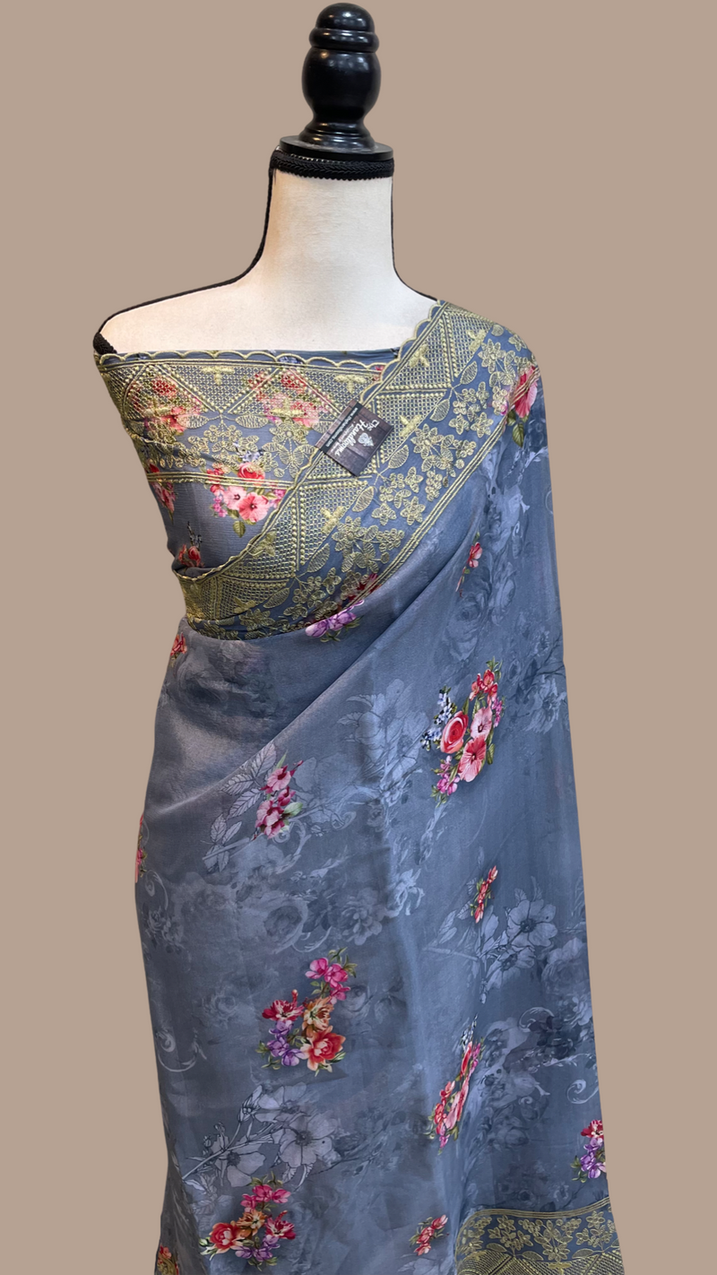 Pure Georgette  Digital Print with Chikankari Handloom Banarasi Saree - The Handlooms