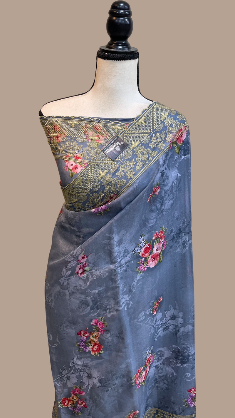 Pure Georgette  Digital Print with Chikankari Handloom Banarasi Saree - The Handlooms