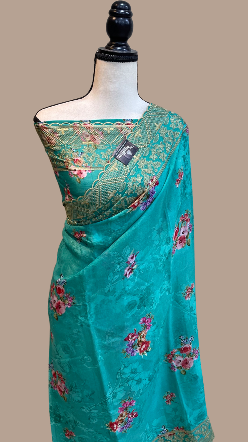 Pure Georgette  Digital Print with Chikankari Handloom Banarasi Saree - The Handlooms