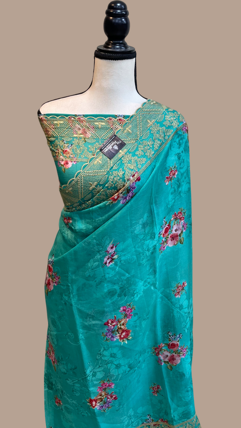 Pure Georgette  Digital Print with Chikankari Handloom Banarasi Saree - The Handlooms