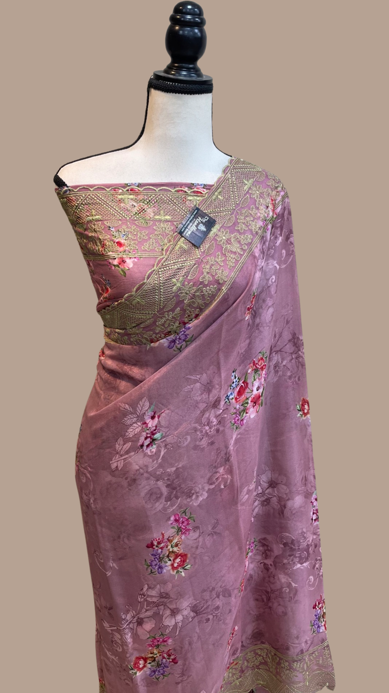 Pure Georgette  Digital Print with Chikankari Handloom Banarasi Saree - The Handlooms