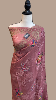 Pure Georgette  Digital Print with Chikankari Handloom Banarasi Saree - The Handlooms