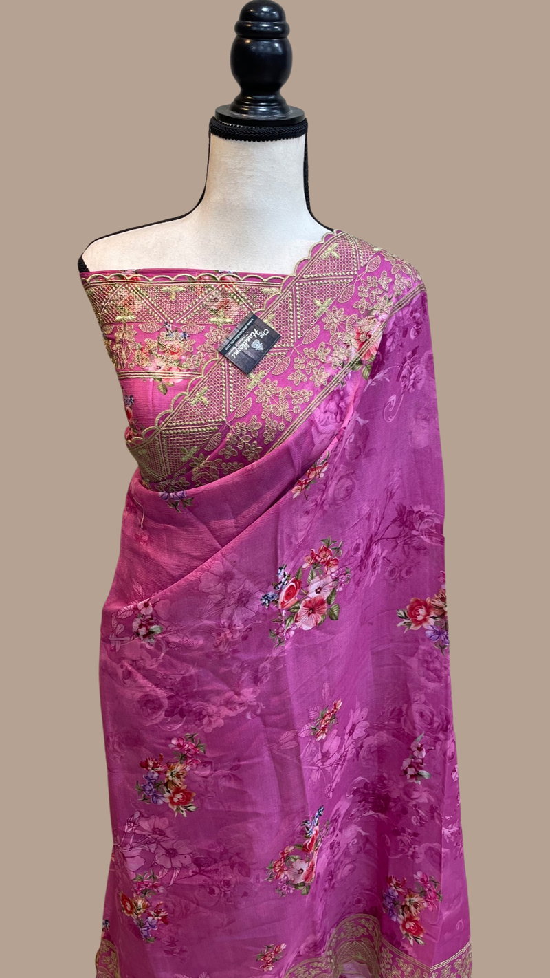 Pure Georgette  Digital Print with Chikankari Handloom Banarasi Saree - The Handlooms