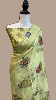 Pure Georgette  Digital Print with Chikankari Handloom Banarasi Saree - The Handlooms