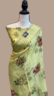 Pure Georgette  Digital Print with Chikankari Handloom Banarasi Saree - The Handlooms