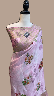 Pure Georgette  Digital Print with Chikankari Handloom Banarasi Saree - The Handlooms